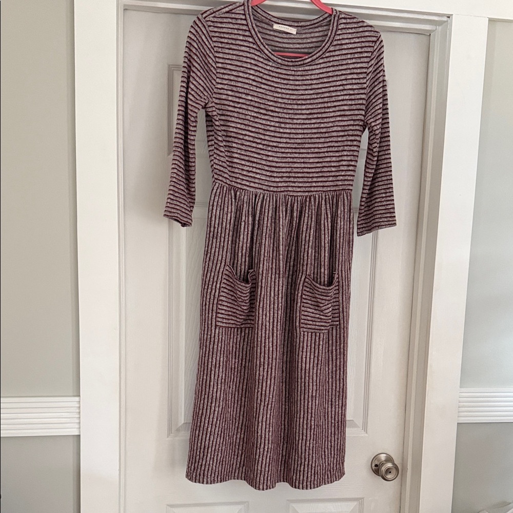 Reborn J Striped Ribbed Midi Dress in Pink and Black